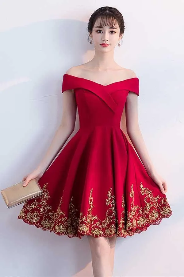 A-line Off The Shoulder Red Homecoming Dresses With Lace Applique  PD122