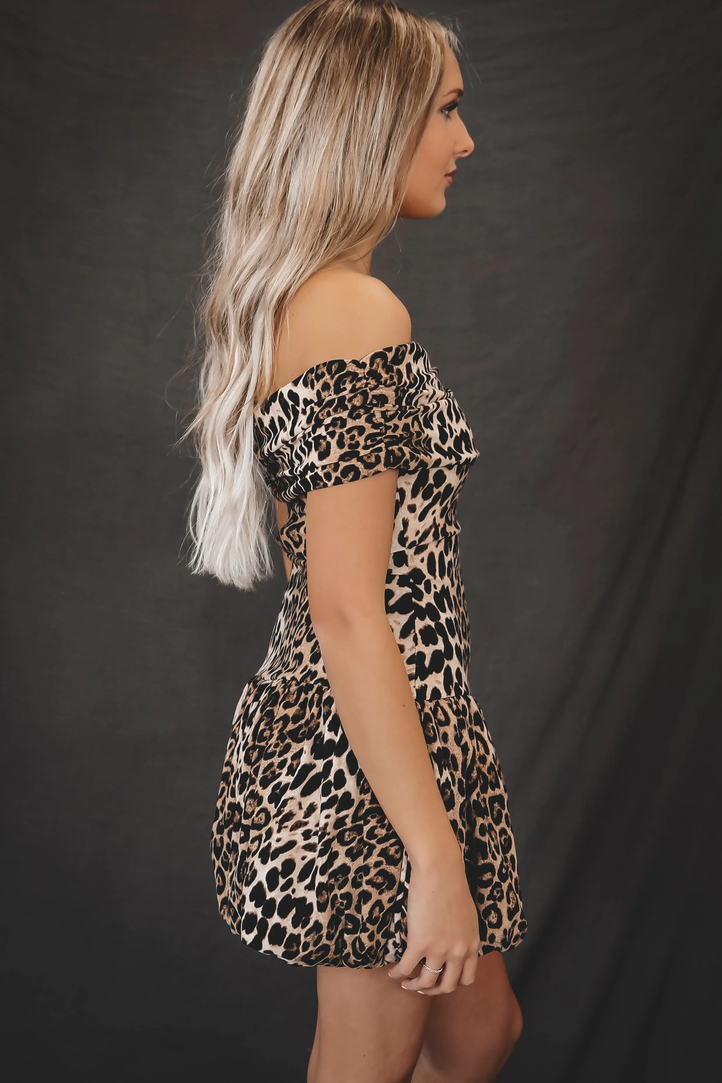 Always On The Go  Off The Shoulder Leopard Mini Dress