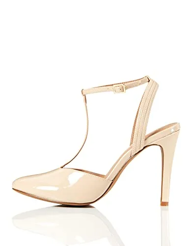 Amazon Brand - FIND Stiletto Round Toe T-bar Closed Pumps, Beige (Nude)