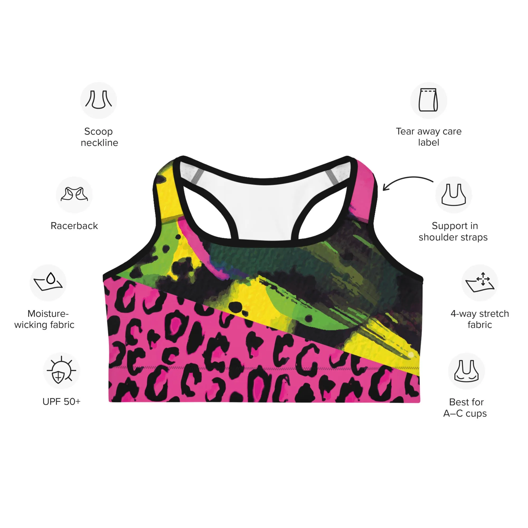 Animal Printed Sports Bra "Wild Canvas" Green/Pink/Yellow