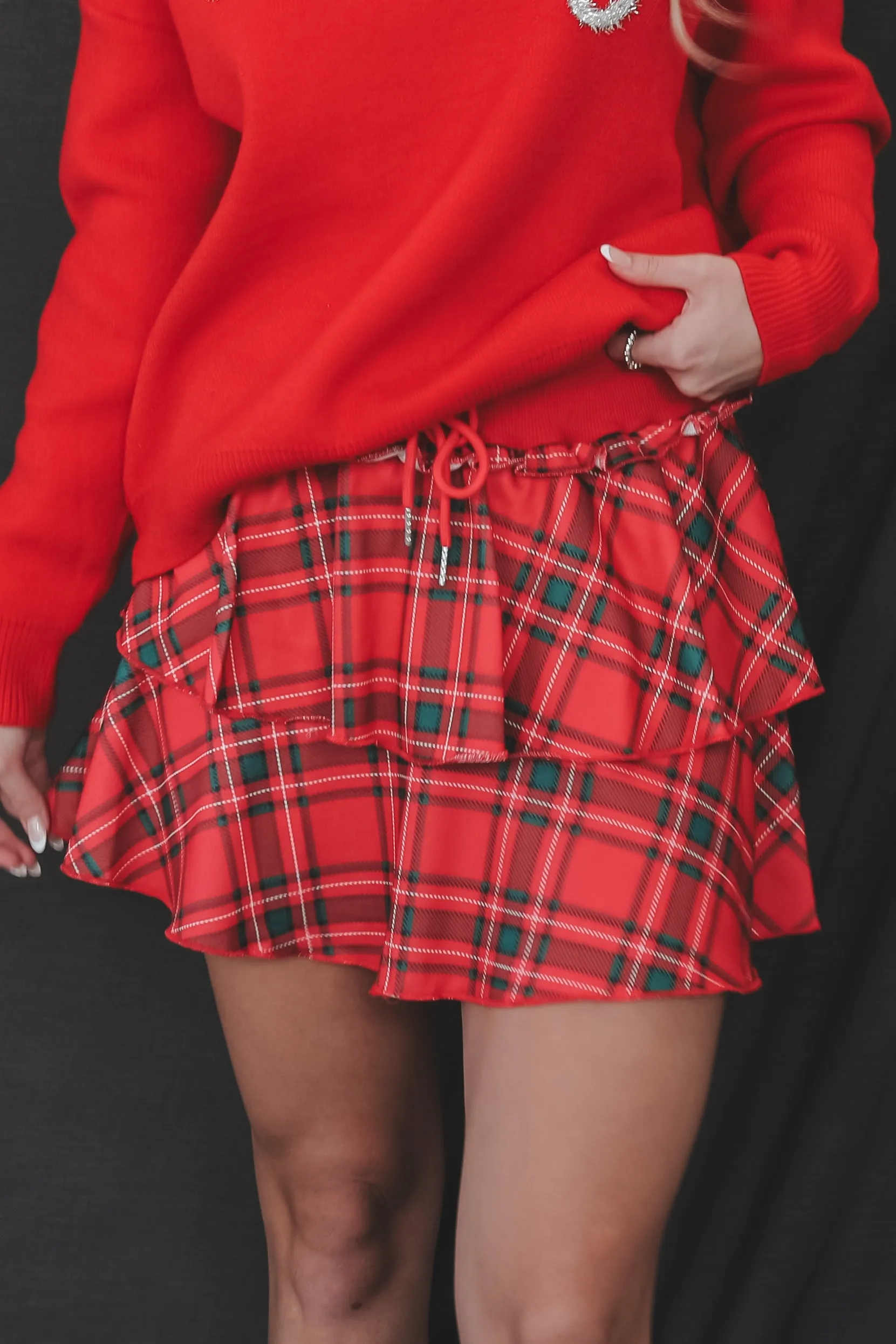 Bells Will Be Ringing Red Ruffle Plaid Skirt