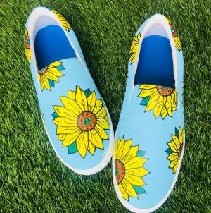 Funky N Trendy hand painted water resistant Sunflower slip on shoes/ handpainted shoes/ women shoes / funky shoes/ blue shoes / funky handpainted shoes