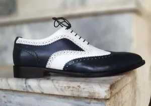 Handmade Men's Black White Leather Lace Up Tip Shoe