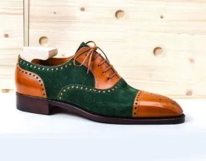 Handmade Men's Leather Suede Tan Green Cap Toe Brogue Shoes