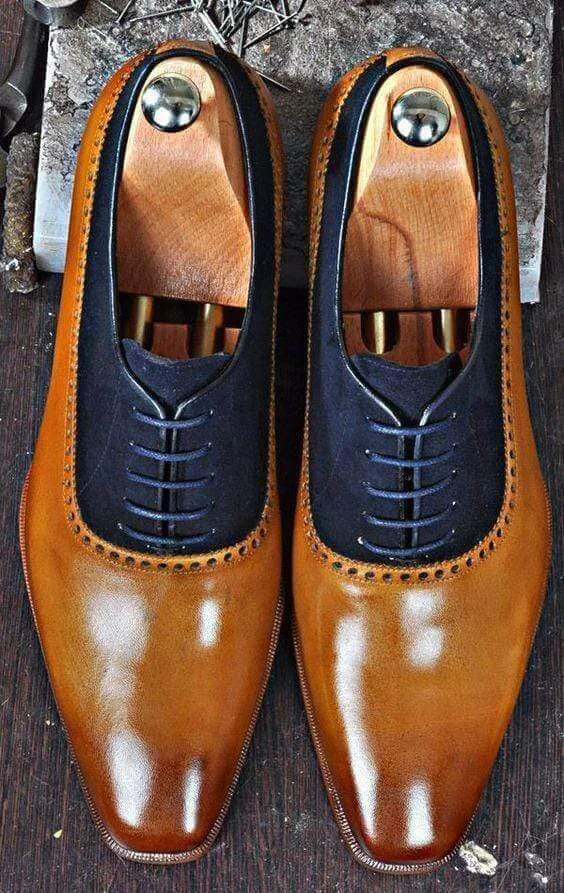 Handmade Men's Tan Navy Blue Leather Suede Shoes