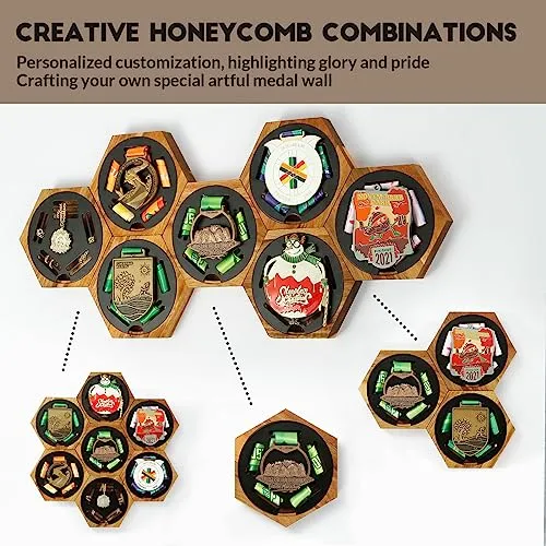 JupDec Medal Hanger Display Honeycomb Wooden Hexagon for Wall, with Strong Magnets & Black Round Iron Medal Holder for Sports Marathon Gymnastics, 7 Pack