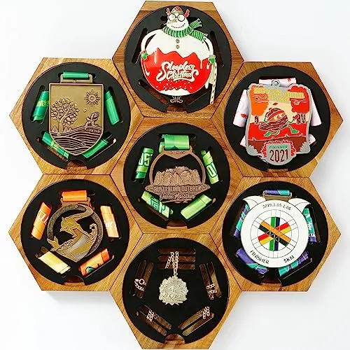 JupDec Medal Hanger Display Honeycomb Wooden Hexagon for Wall, with Strong Magnets & Black Round Iron Medal Holder for Sports Marathon Gymnastics, 7 Pack