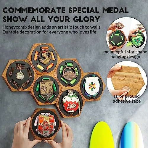 JupDec Medal Hanger Display Honeycomb Wooden Hexagon for Wall, with Strong Magnets & Black Round Iron Medal Holder for Sports Marathon Gymnastics, 7 Pack