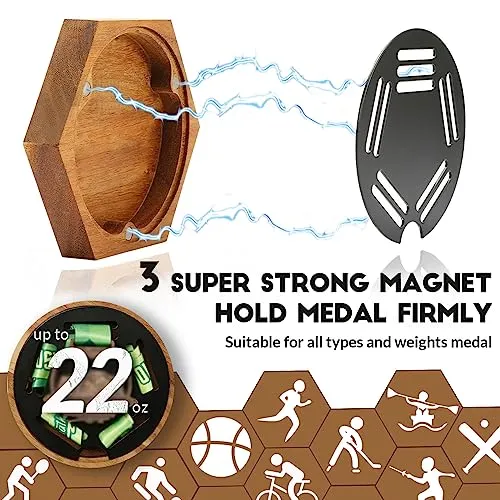 JupDec Medal Hanger Display Honeycomb Wooden Hexagon for Wall, with Strong Magnets & Black Round Iron Medal Holder for Sports Marathon Gymnastics, 7 Pack