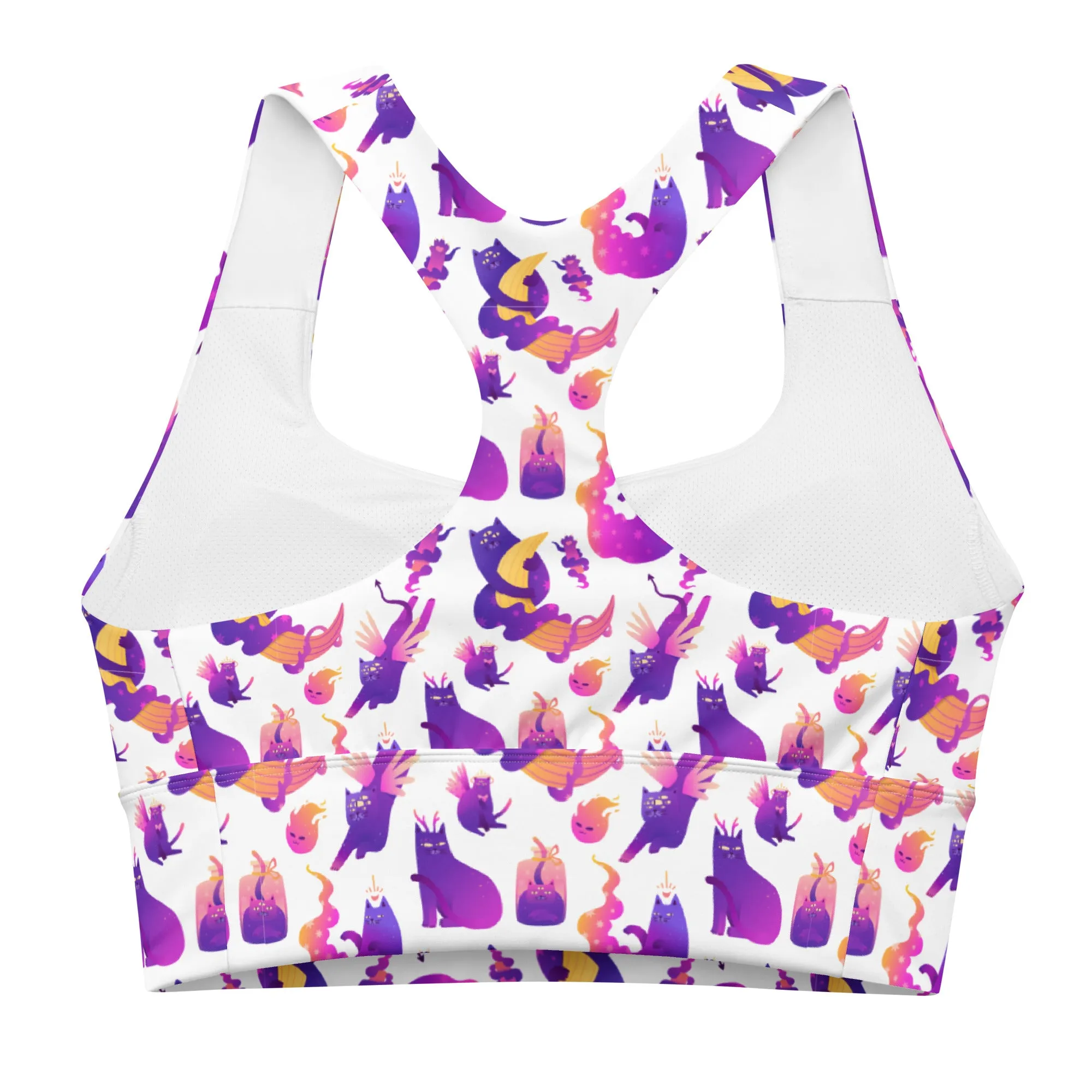 Longline sports bra - Witchy Kitties - White