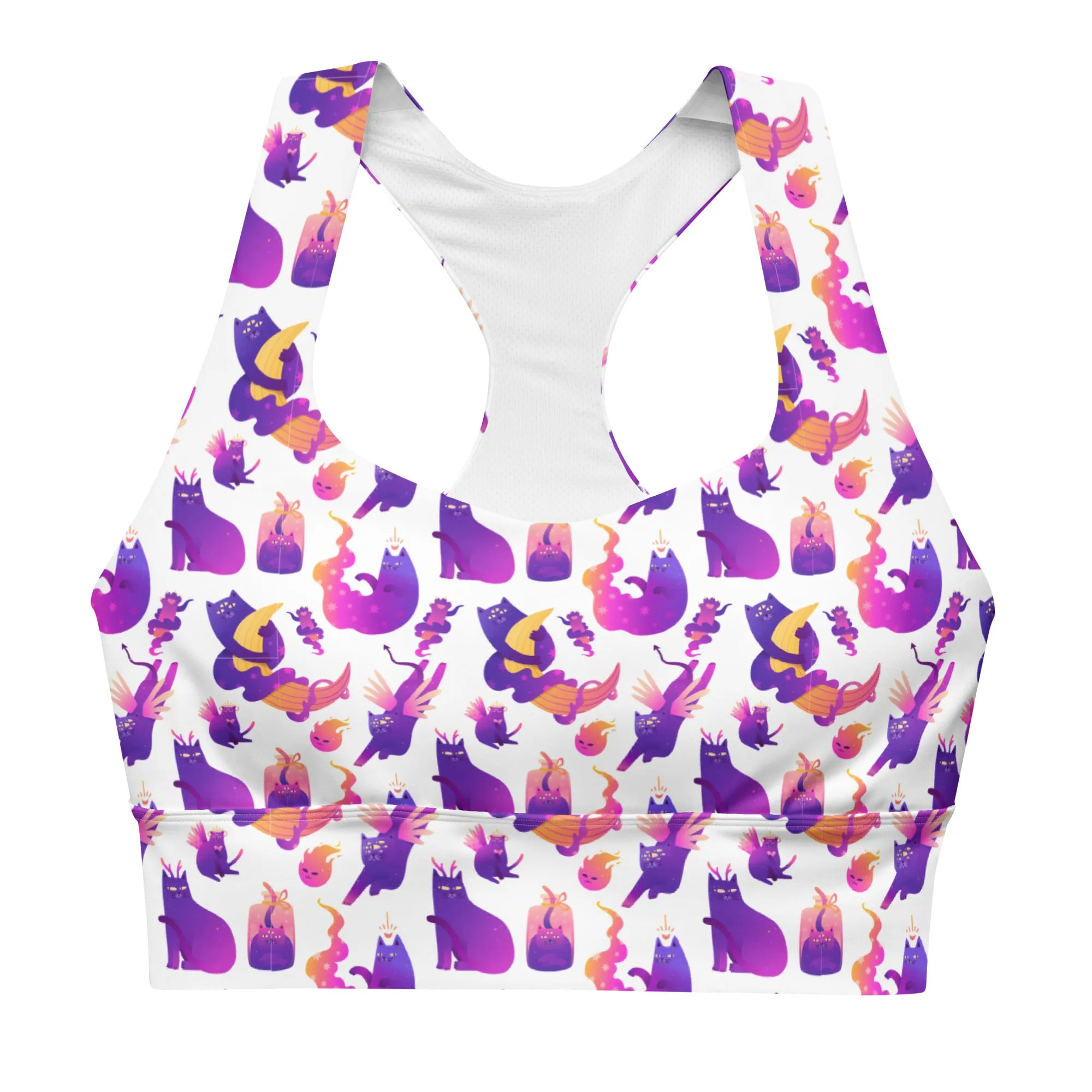 Longline sports bra - Witchy Kitties - White