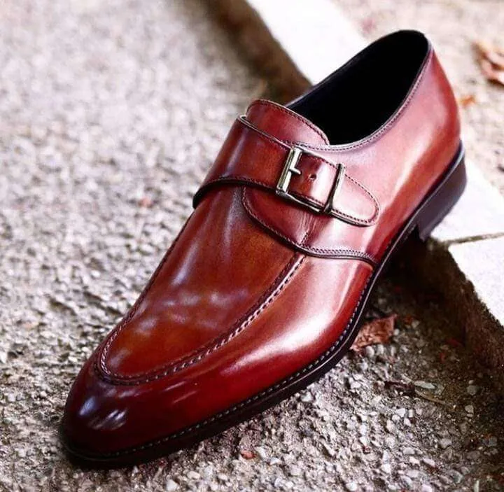 Men's Leather Monk Strap Burgundy Round Toe Shoes