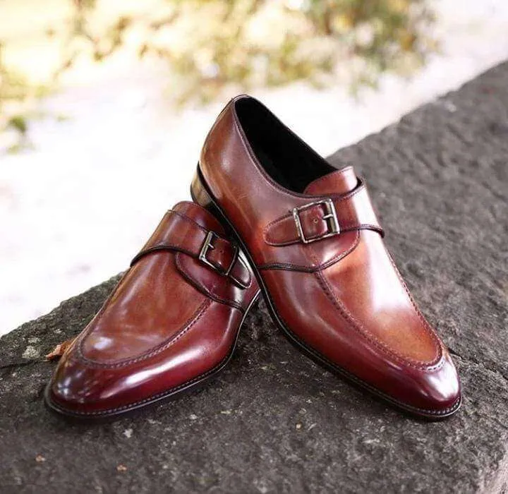 Men's Leather Monk Strap Burgundy Round Toe Shoes