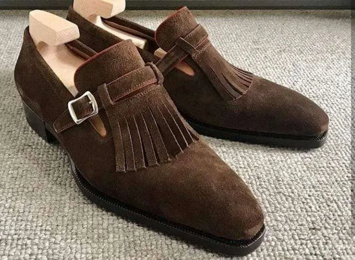 Men's Suede Dark Brown Fringe Monk Strap Shoes