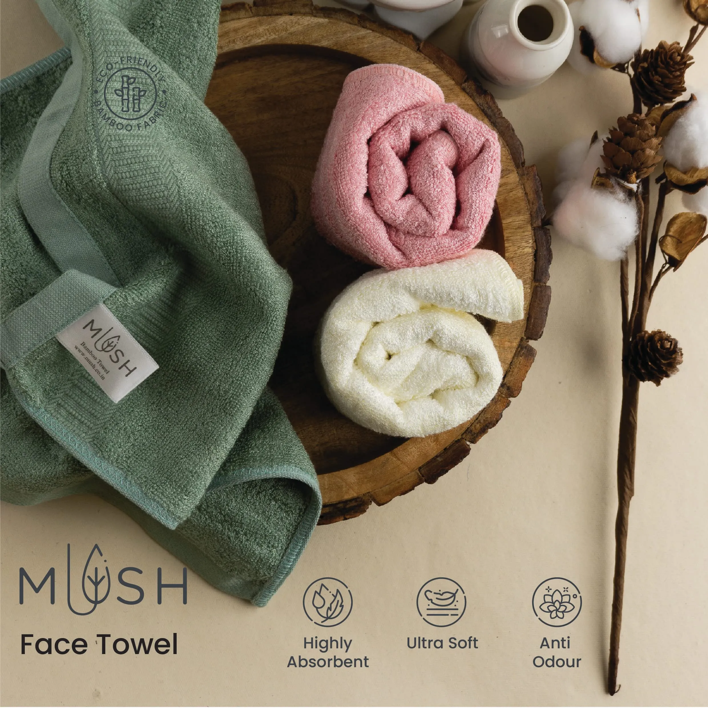 Mush Bamboo Face Towel | Ultra Soft, Absorbent & Quick Dry Towel for Facewash, Gym, Travel, Yoga. Recommended for Acne Prone Skincare (12, Green Pink White)