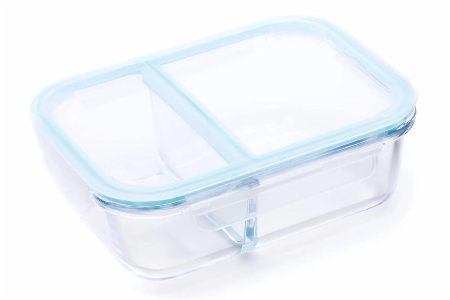 NVRA Premium Slim High Microwave Safe Two Compartment Lunch Box Set, 1000ml Transparent Borosilicate Glass, Safety Lock Airtight Tiffin Containers for Office School (Rectangle 2 Partition Box,1 Liter)