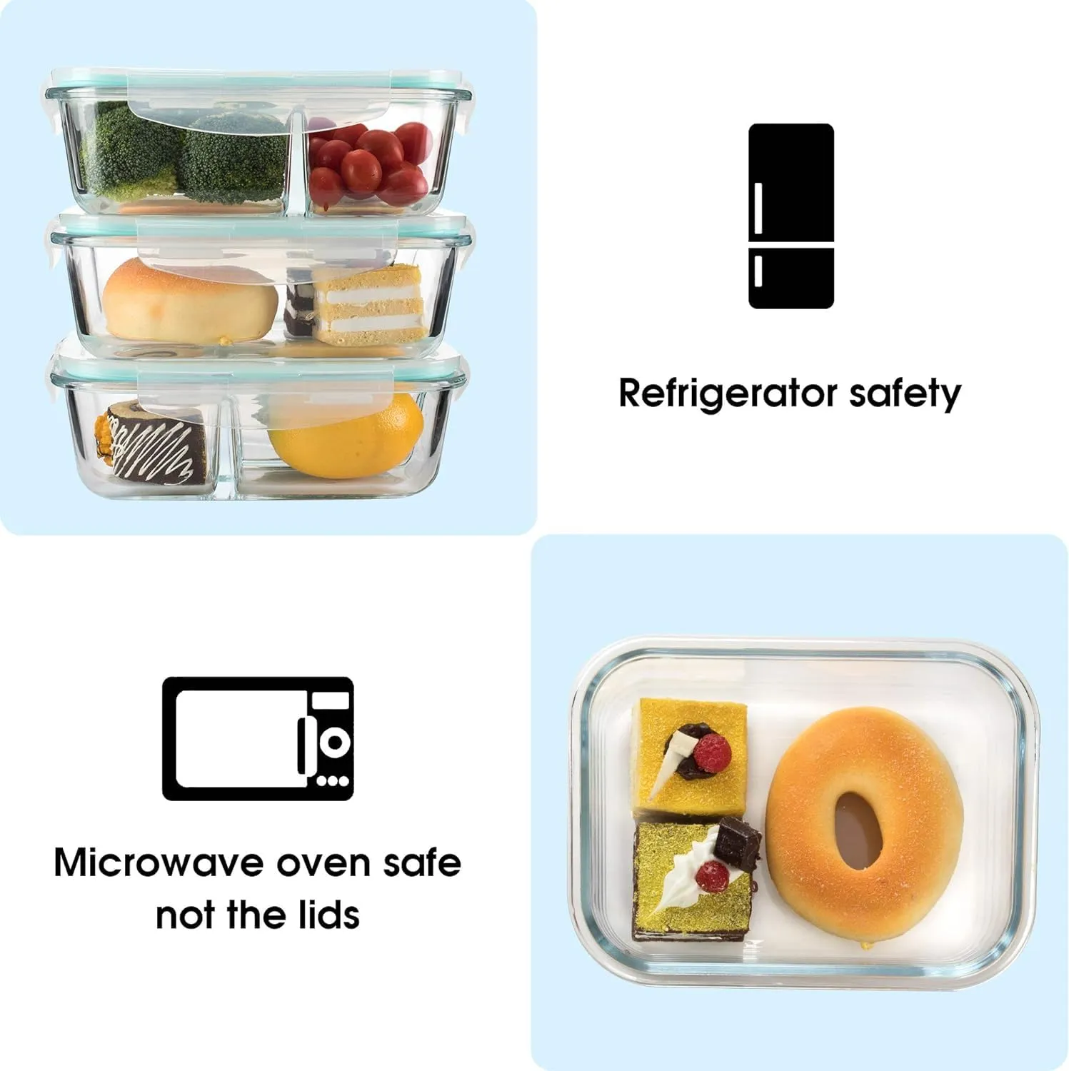 NVRA Premium Slim High Microwave Safe Two Compartment Lunch Box Set, 1000ml Transparent Borosilicate Glass, Safety Lock Airtight Tiffin Containers for Office School (Rectangle 2 Partition Box,1 Liter)