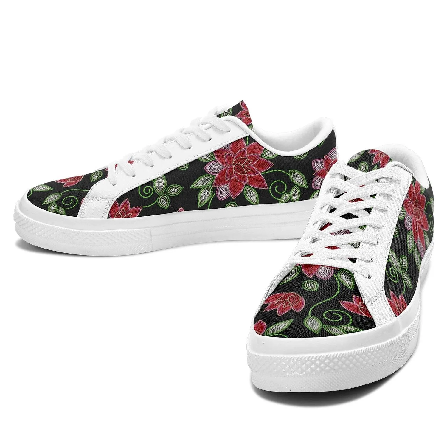 Red Beaded Rose Aapisi Low Top Canvas Shoes White Sole