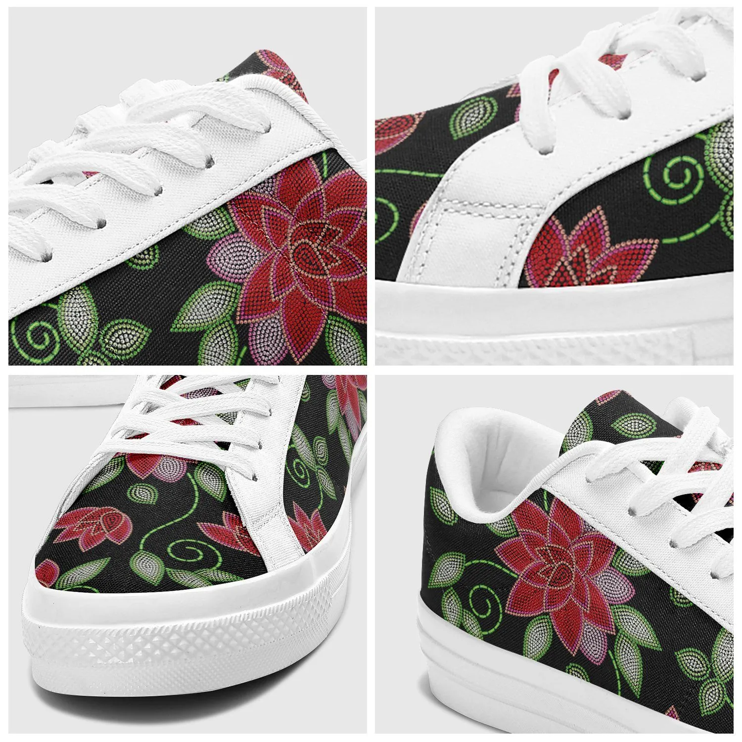 Red Beaded Rose Aapisi Low Top Canvas Shoes White Sole