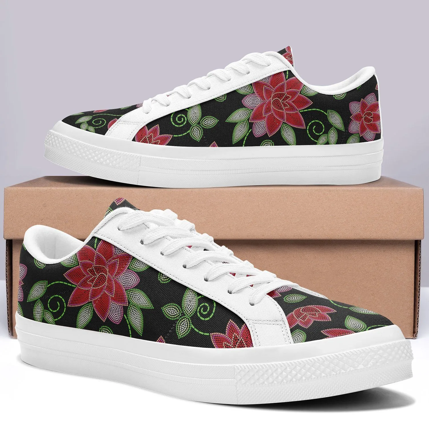 Red Beaded Rose Aapisi Low Top Canvas Shoes White Sole