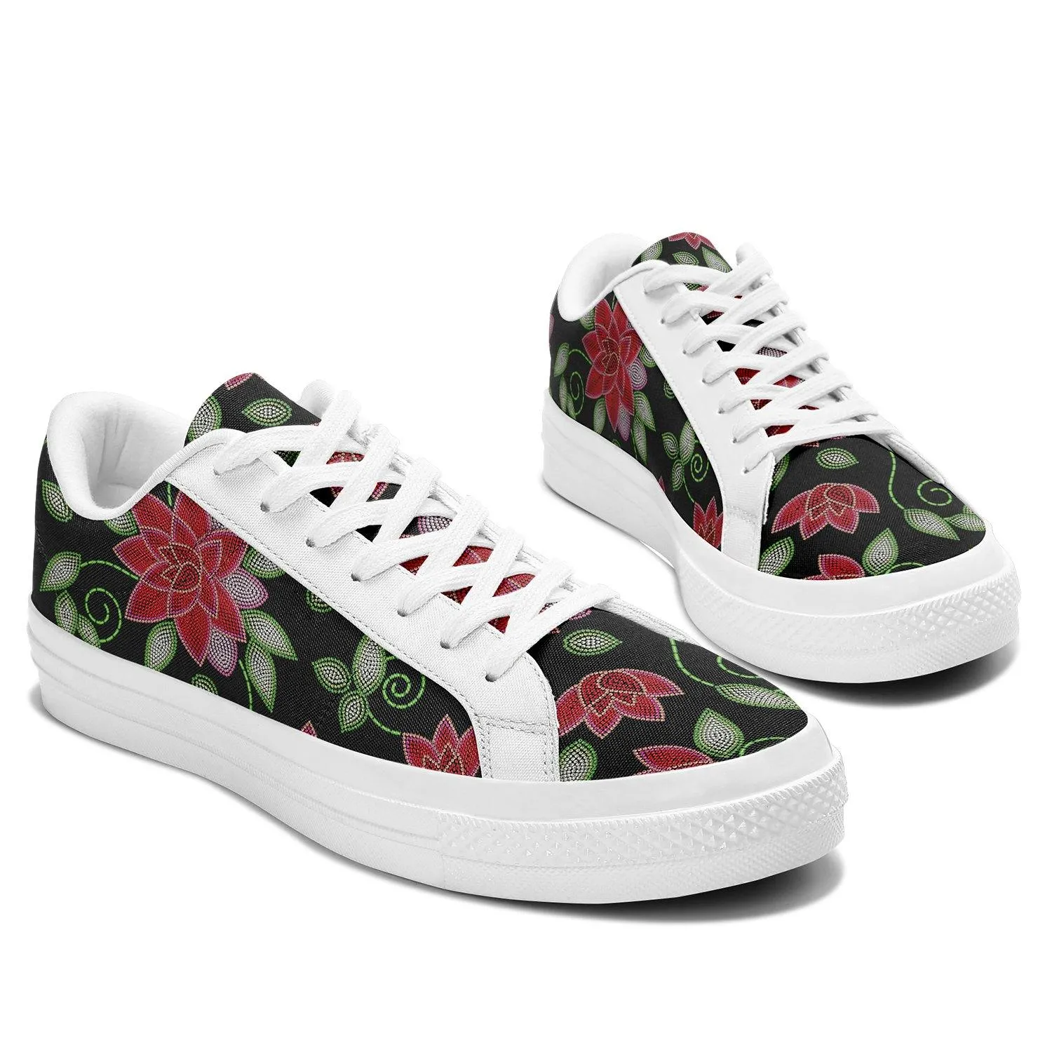 Red Beaded Rose Aapisi Low Top Canvas Shoes White Sole