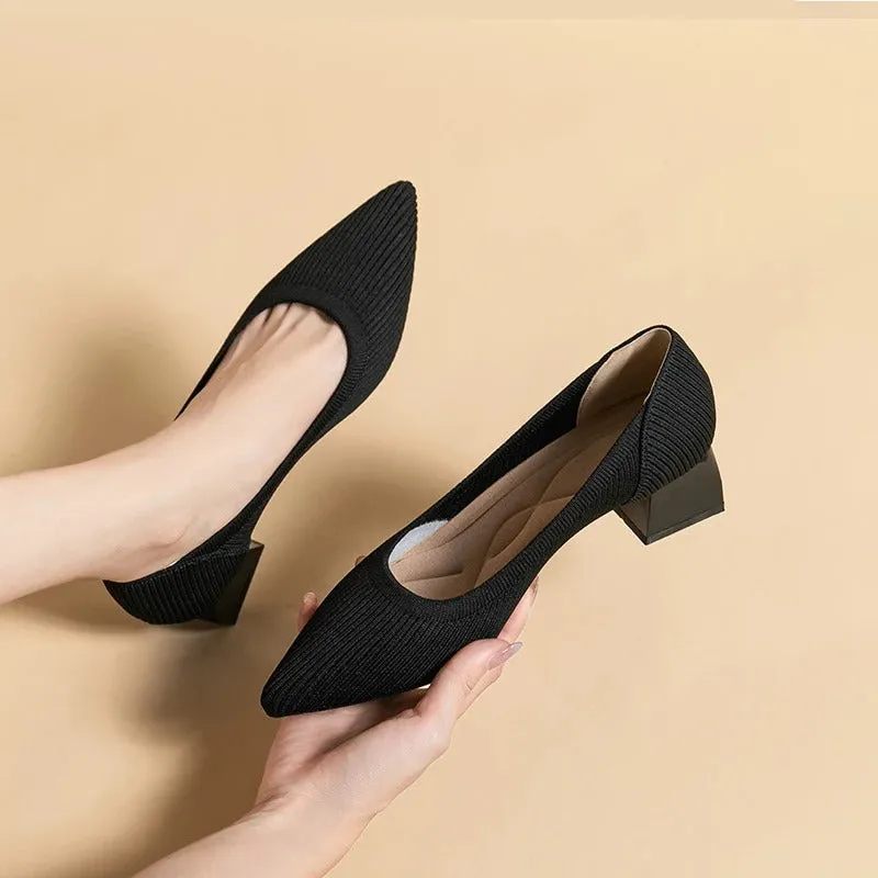 Square Heel Knitted Pointed Toe Loafer Shoes