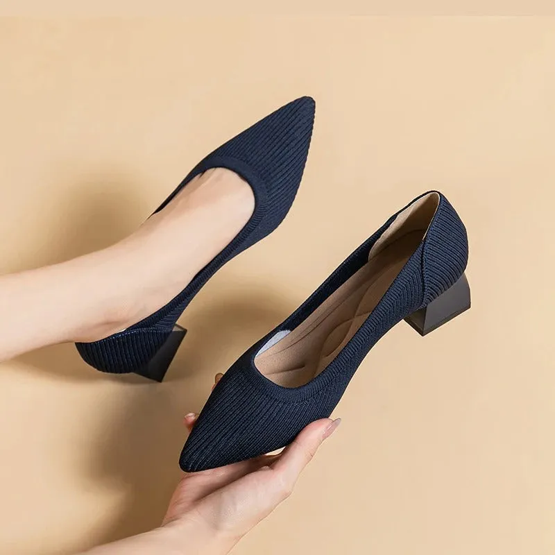 Square Heel Knitted Pointed Toe Loafer Shoes