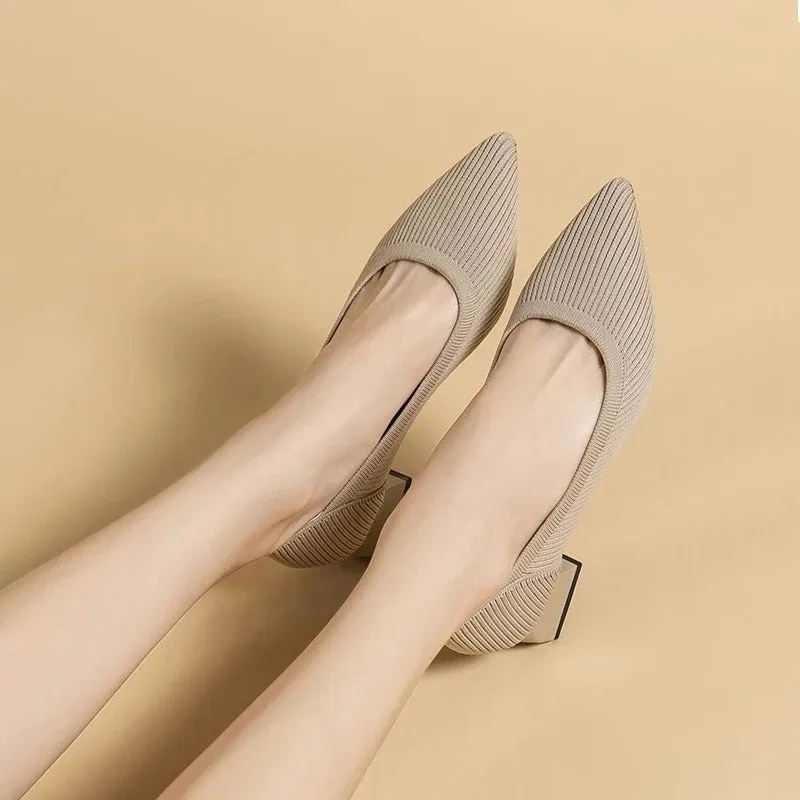 Square Heel Knitted Pointed Toe Loafer Shoes