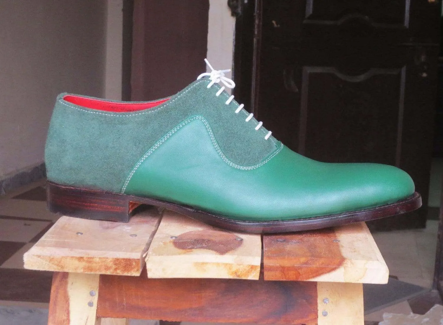 Suede Leather Derby Formal Shoes, Green Lace Up Shoes