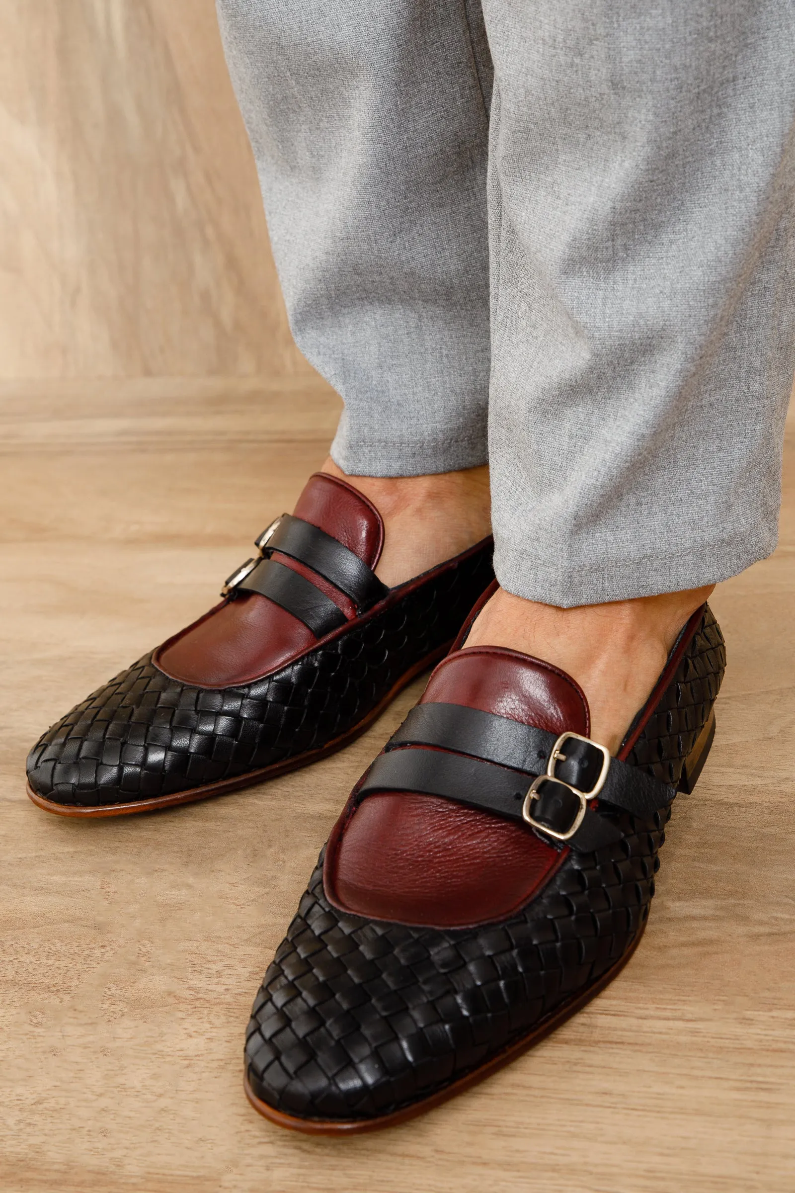 The Vatra Black & Burgundy Woven Double Monk Strap Men Shoe