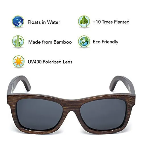 Tree Tribe Polarized Bamboo Sunglasses with Hard Case and Microfiber Pouch - Original Floating Bamboo Wood Wayfarer Style for Men and Women - Brown Frame Black Lens