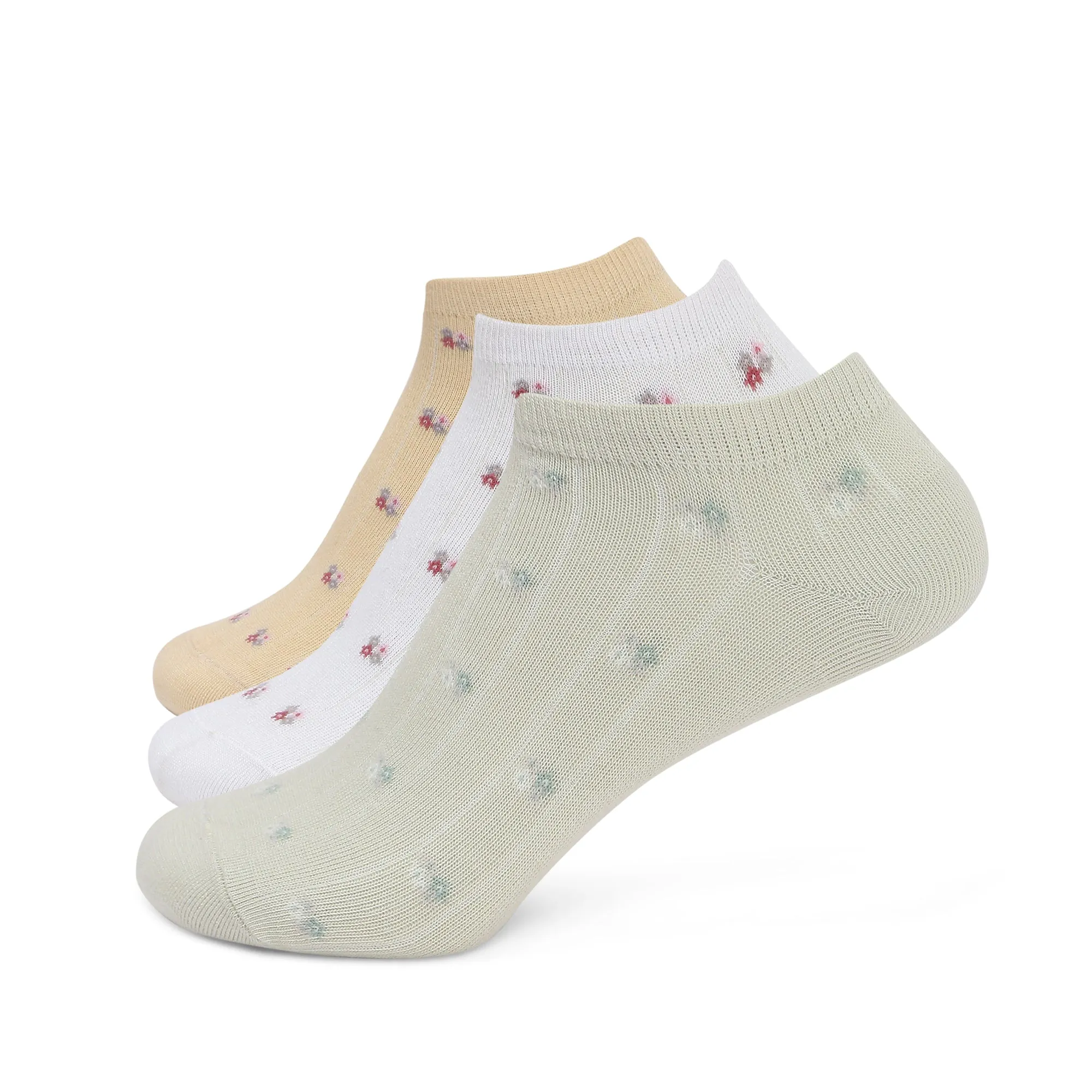 Women's Essentials Floral Motifs Low-Cut Socks | White, Fawn, Green | Pack of 3